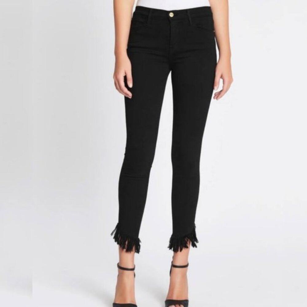Frame Le High Skinny Shredded Hem Jeans in Noir Black